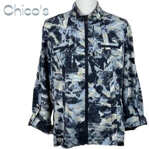 Chico’s Navy, White, Blue and Tan Print GorpCore Jacket NWOT Size 12